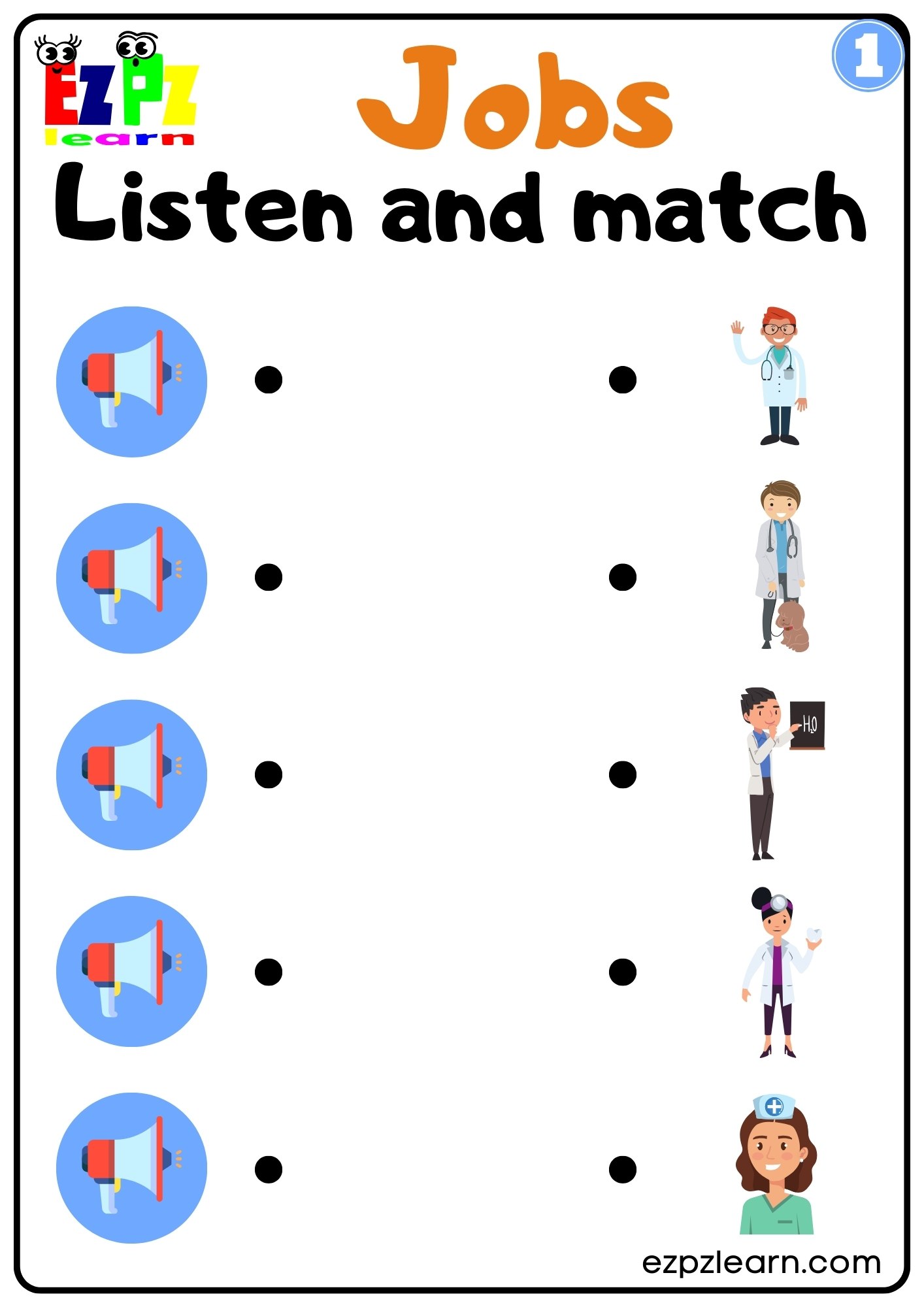 Jobs Vocabulary Interactive Worksheet Listen and Match the Correct Images Activity for Kids, K5 and ESL Students G1